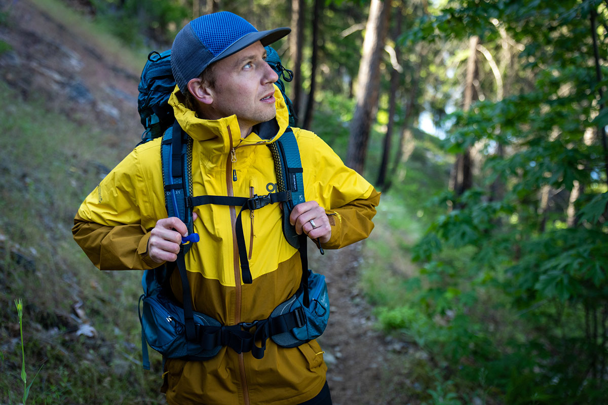 ​​Outdoor Research Foray II GTX rain jacket (closeup with pack on)